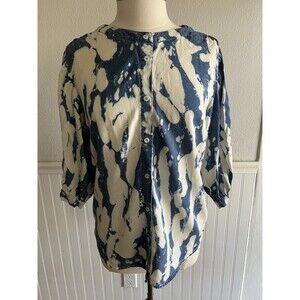 Billy T Women's Bleach Dyed Chambray Blouse 3/4 Balloon Sleeve Boho Blue White M